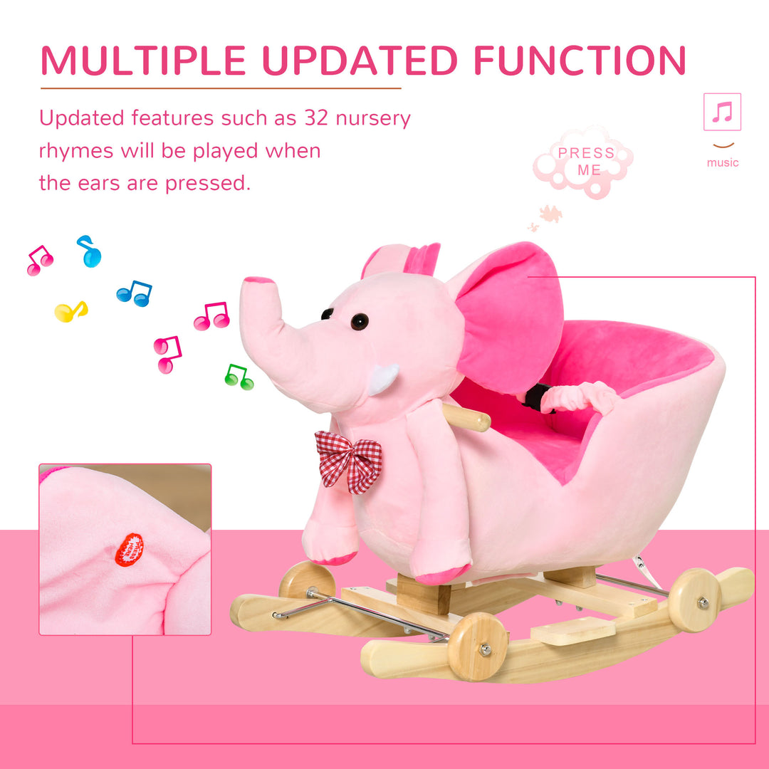 2 In 1 Plush Baby Ride on Rocking Horse Elephant Rocker with Wheels Wooden Toy for Kids 32 Songs for 18+ Months (Pink)