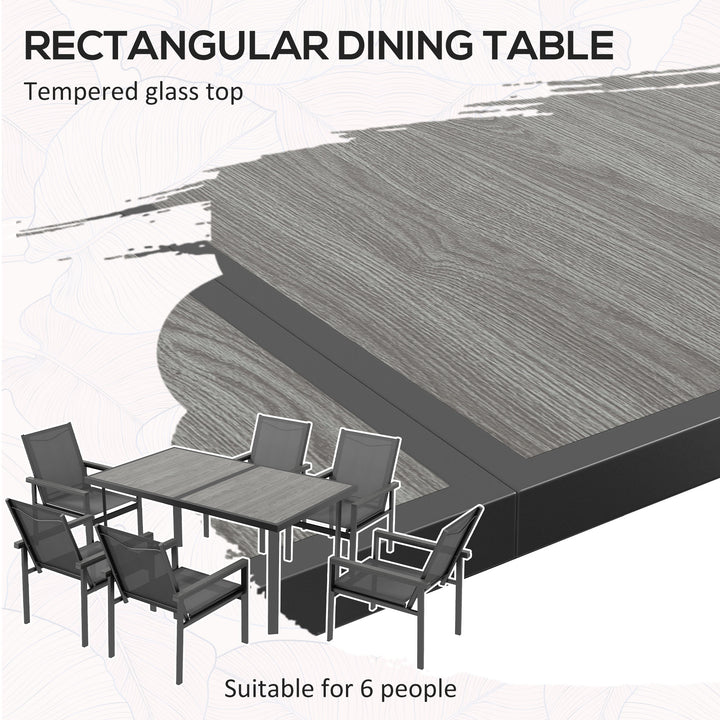 Outsunny 7 Pieces Garden Dining Set w/ Glass Top Dining Table, Outdoor Table and 6 Armchairs w/ Breathable Mesh Fabric Seats and Backrest