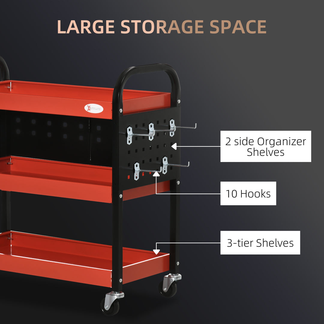 DURHAND 3 Tier Tool Cart, Shelf Storage Trolley with Wheels for Garage, Workshop, Warehouse, 10 Hooks, 100 kg Load, Red