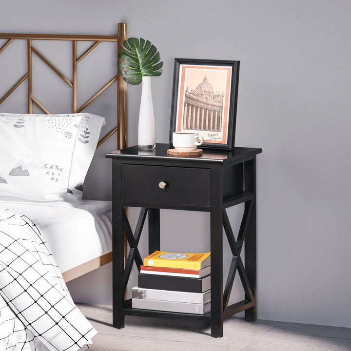 End Table, Sofa Side Table with Drawer X Bar Bottom Storage Shelf, Nightstand Bedside Table for Bedroom or Living Room Black