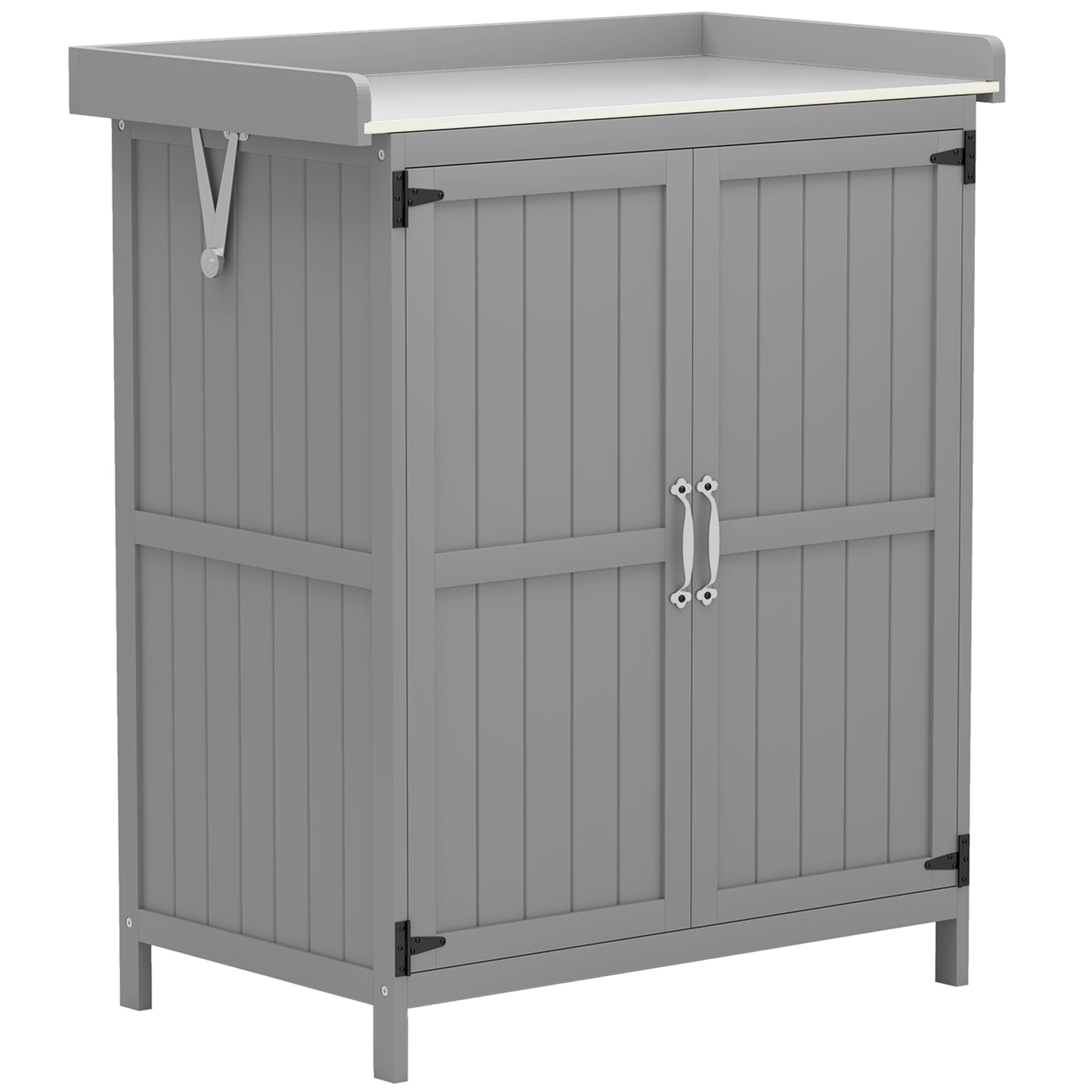 Wooden Garden Shed, Garden Tool Storage Shed with Hinged Roof and Shelf, Outdoor Storage Cabinet with Double Doors, Grey