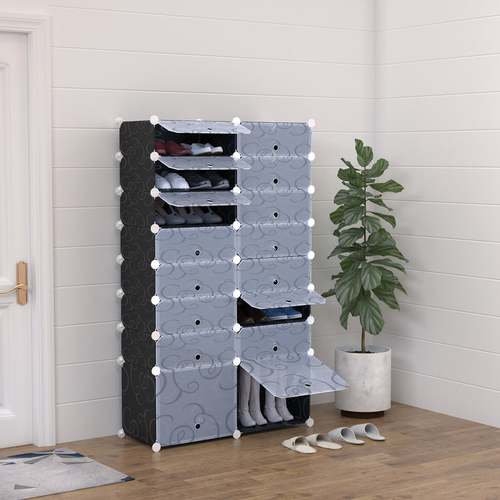 16 Cube Shoe Rack, 2 x 8 Tier Shoe Storage Cabinet, Modular Plastic Shelves for Bedroom, Living Room and Entryway, Space Saving Footwear Organizer, 32 Pairs, White and Black