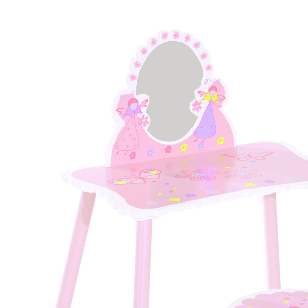 MCL Kids Dressing Table Girls Pink Wooden Kids Dressing Table & Stool Make Up Desk Chair Toys Fairy Dresser Play Set w/Mirror