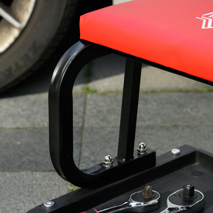Workshop Stool, Rolling Machine Stool with 360° Swivel, Padded Seat, Tool Tray, Red