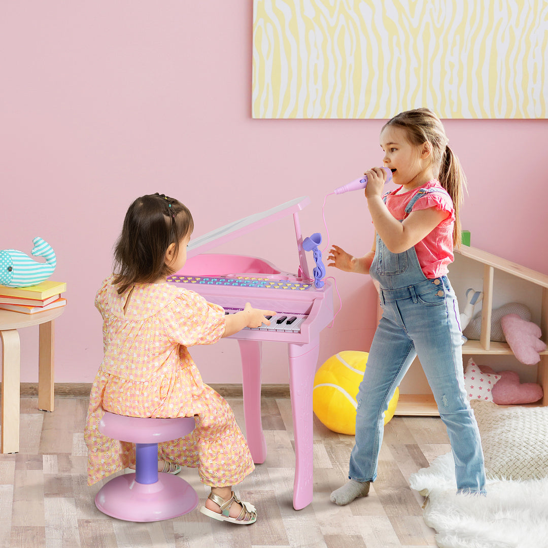 37 Keys Kids Mini Electronic Keyboard Children Grand Piano with Stool Microphone Light Musical Instrument Educational Game Toy Set (Pink)