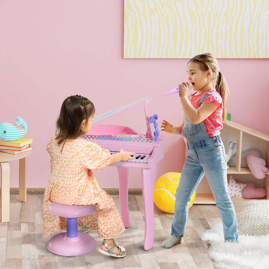37 Keys Kids Mini Electronic Keyboard Children Grand Piano with Stool Microphone Light Musical Instrument Educational Game Toy Set (Pink)