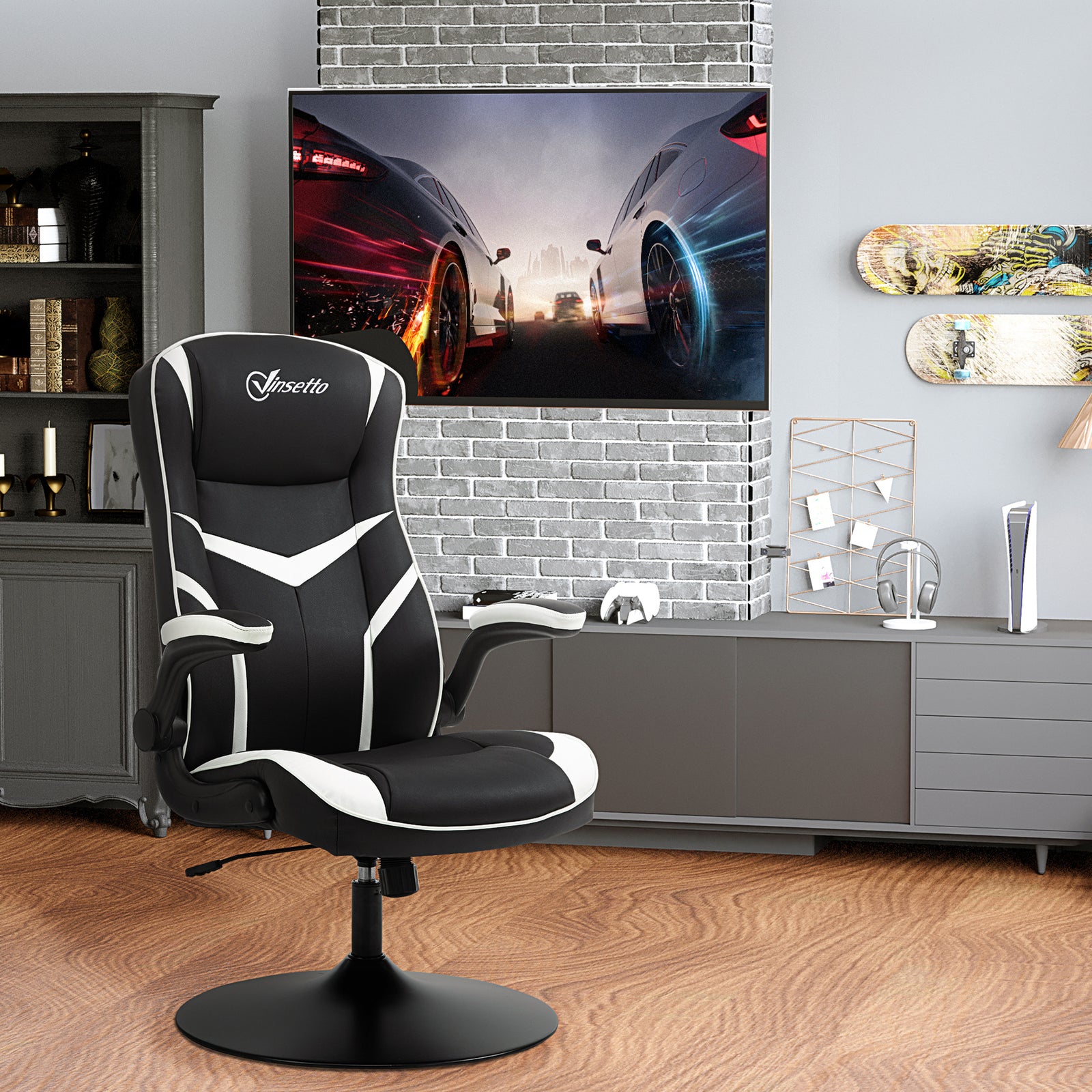 Gaming Chair Ergonomic Computer Chair with Adjustable Height Pedestal Base, Home Office Desk Chair PVC Leather Exclusive Swivel Chair Black