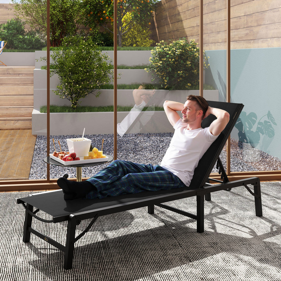 Folding Sun Lounger, 5-Position Adjustable Reclining Garden Lounger, Garden Chaise Lounge Sunbed Recliner Chair with Steel Frame for Beach, Porch, Patio, Camping, Black