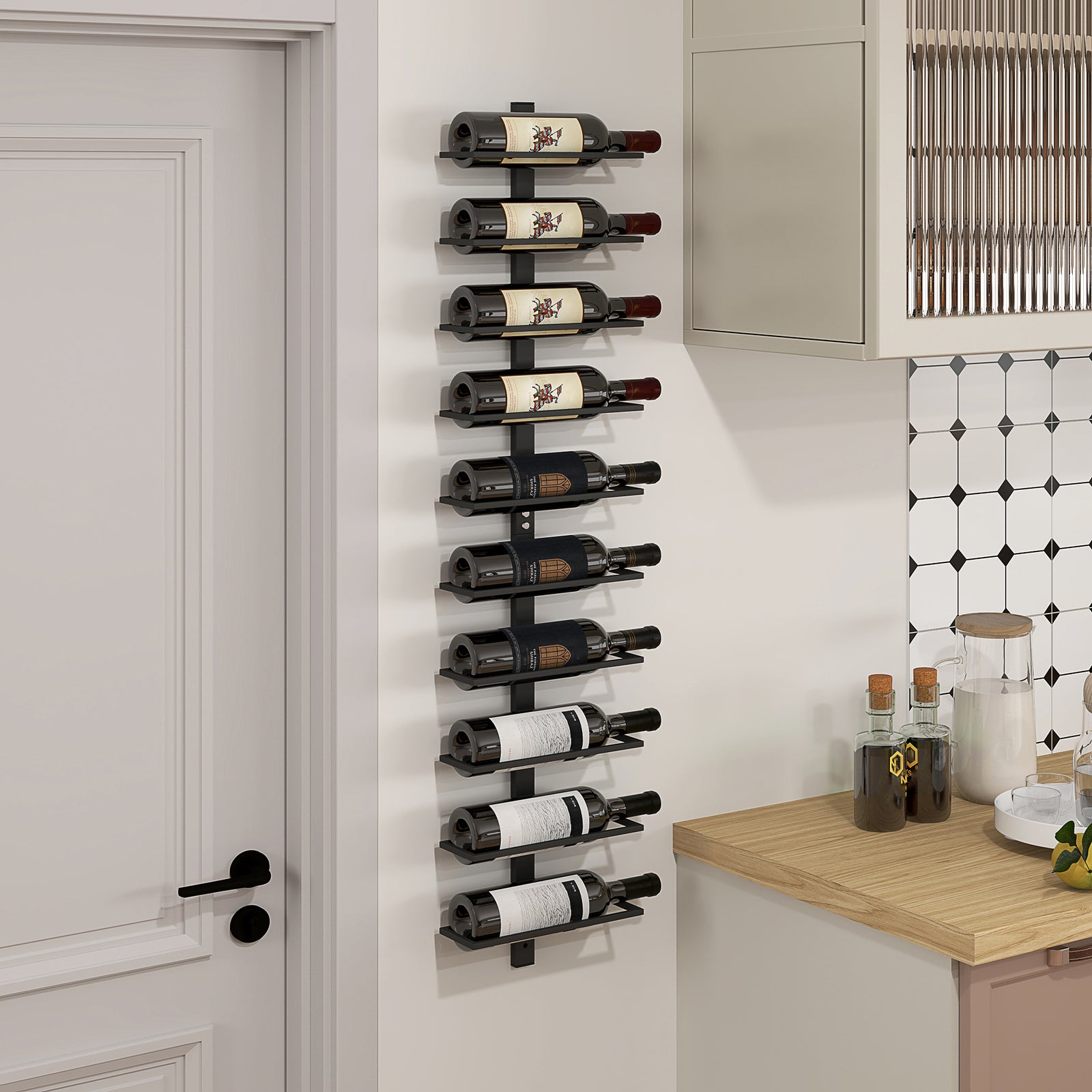 10-Tier Wall Mount Wine Rack, Steel Wall Wine Rack for 10 Wine Bottles, Wall Wine Display Rack for Kitchen, Dining Room, Home Bar, Black