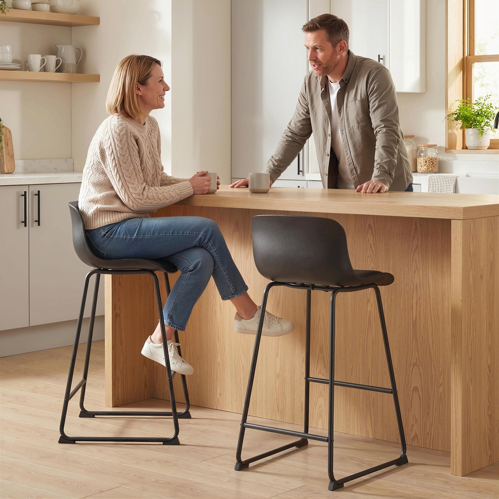 Modern Bar Stools Set of 2, PU Leather Barstools, Counter Height Kitch