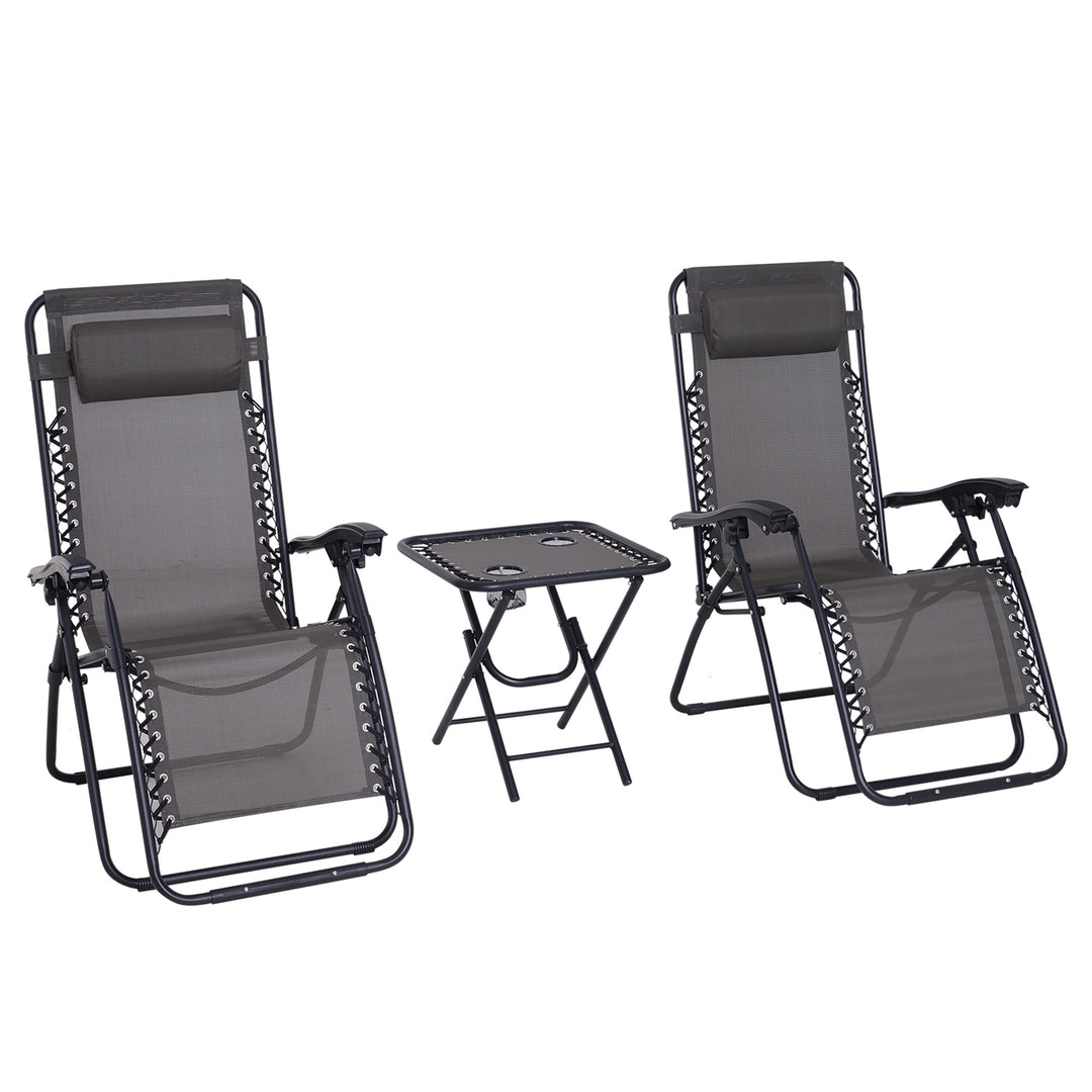 MCL 3pcs Folding Zero Gravity Chairs Sun Lounger Table Set w/ Cup Holders Reclining Garden Yard Pool, Dark Grey