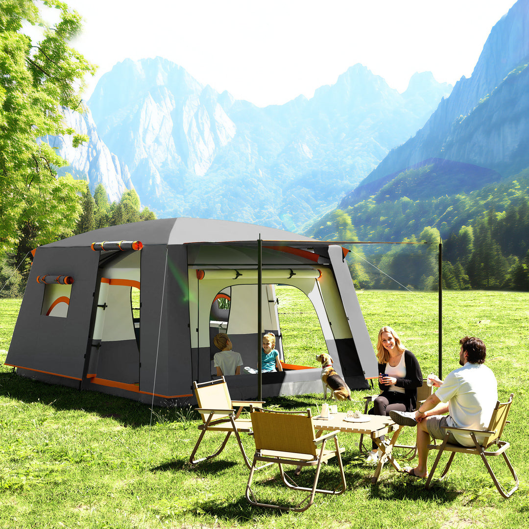 4-6 Man Camping Tent, Double Layer Tunnel Tent with Porch, Living Area and 2 Bedrooms, Sewn in Groundsheet, 3000mm Waterproof and UPF 30+, Portable with Bag, Grey