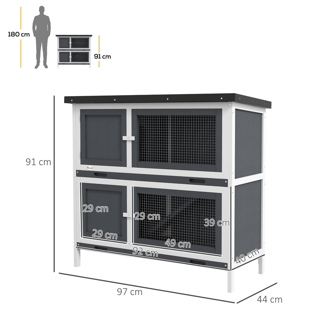 Double Decker Rabbit Hutch 2 Tier Guinea Pig House Pet Cage Outdoor with Sliding-out Tray, 100 x 47 x 91cm, Grey