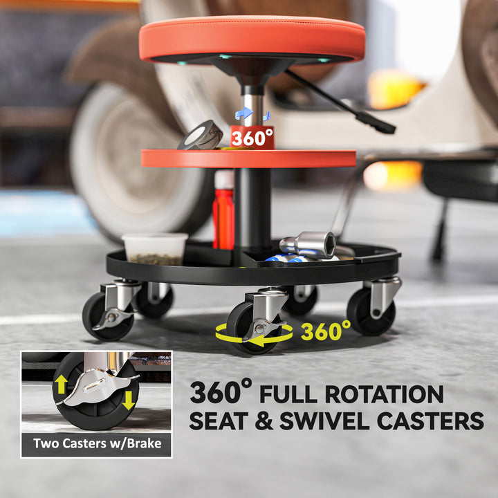 Rolling Mechanic Stool, 135kg Capacity Workshop Stool, 360° Swivel Roller Padded Creeper Seat with Wheels, Tool Trays Storage for Garage, Shop, Auto Repair, Yellow