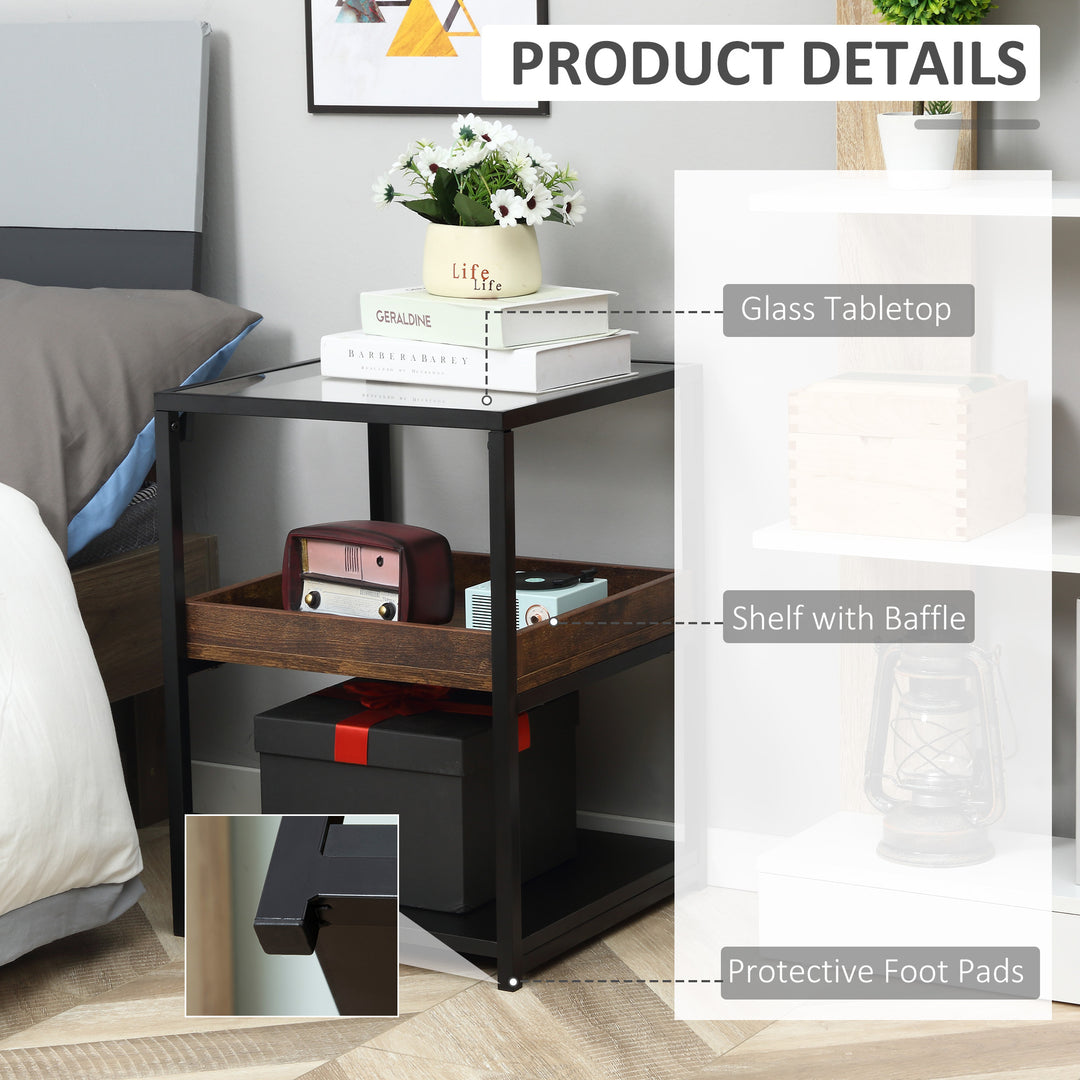 Industrial Side Table, 3-Tier End Table with Glass Top, Storage Shelves, Nightstand with Steel Frame for Bedroom, Living Room, Rustic Brown