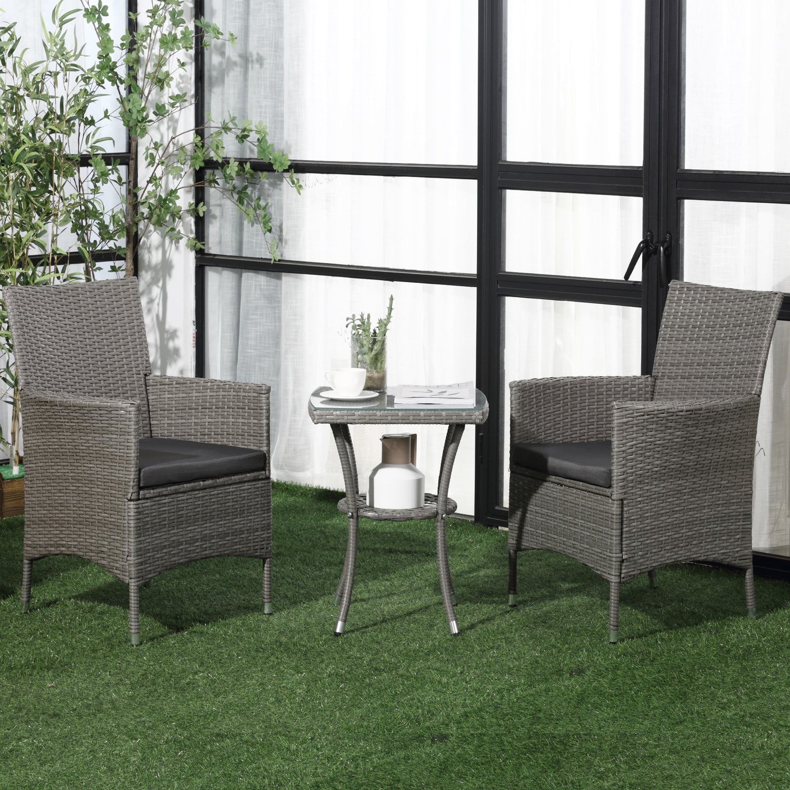 3 Pieces Rattan Bistro Set, Wicker Garden Furniture Set with 2-Tier Coffee Table and Chairs, Washable Cushions, for Outdoor Patio Balcony, Grey