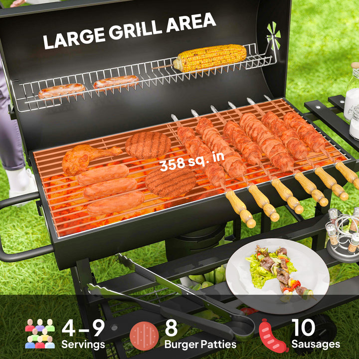 Charcoal BBQ Grill with Foldable Front Side Shelf, Portable Barbecue Smoker with Warming Rack, Bottom Shelf, Lid, Temperature Gauge, Wheels for Outdoor Cooking Garden Party, Black