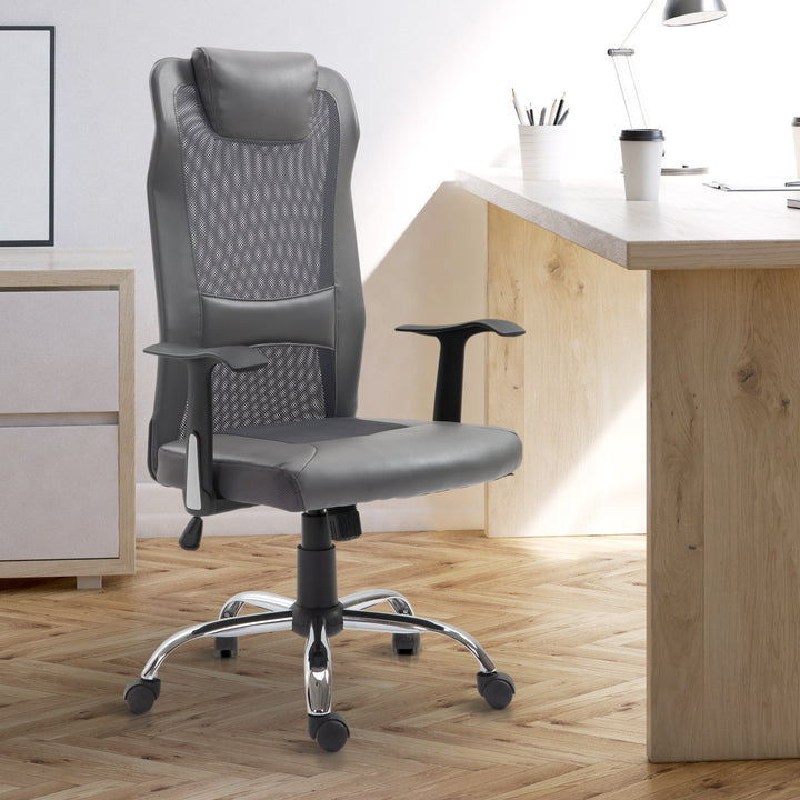 Office Chair, Computer Desk Chair, Mesh and PU Leather Swivel Chair with Adjustable Height and Rolling Wheels for Home Office Work Study, Grey