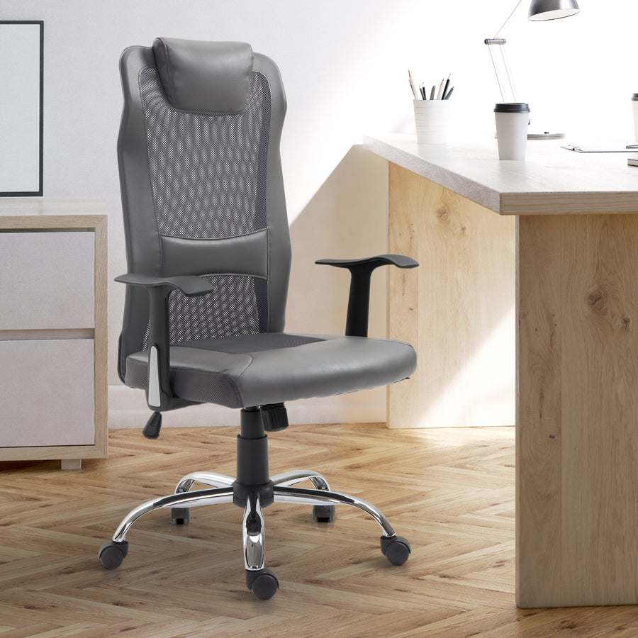 Office Chair, Computer Desk Chair, Mesh and PU Leather Swivel Chair with Adjustable Height and Rolling Wheels for Home Office Work Study, Grey