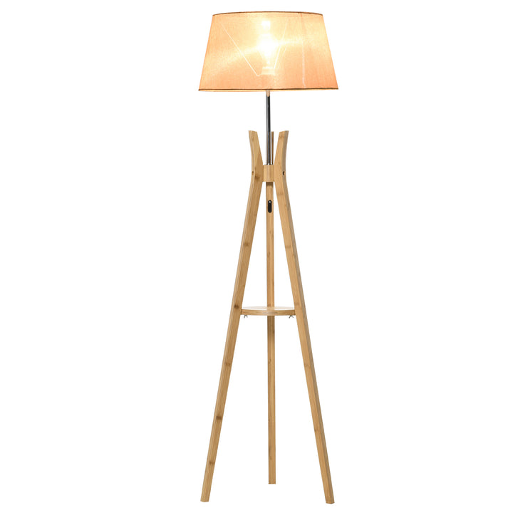 HOMCOM Tripod Floor Lamp Light E27 Base Bedroom Living Room Natural Wood Fabric Shade Storage Shelf Foot Switch, 156cm, Beige