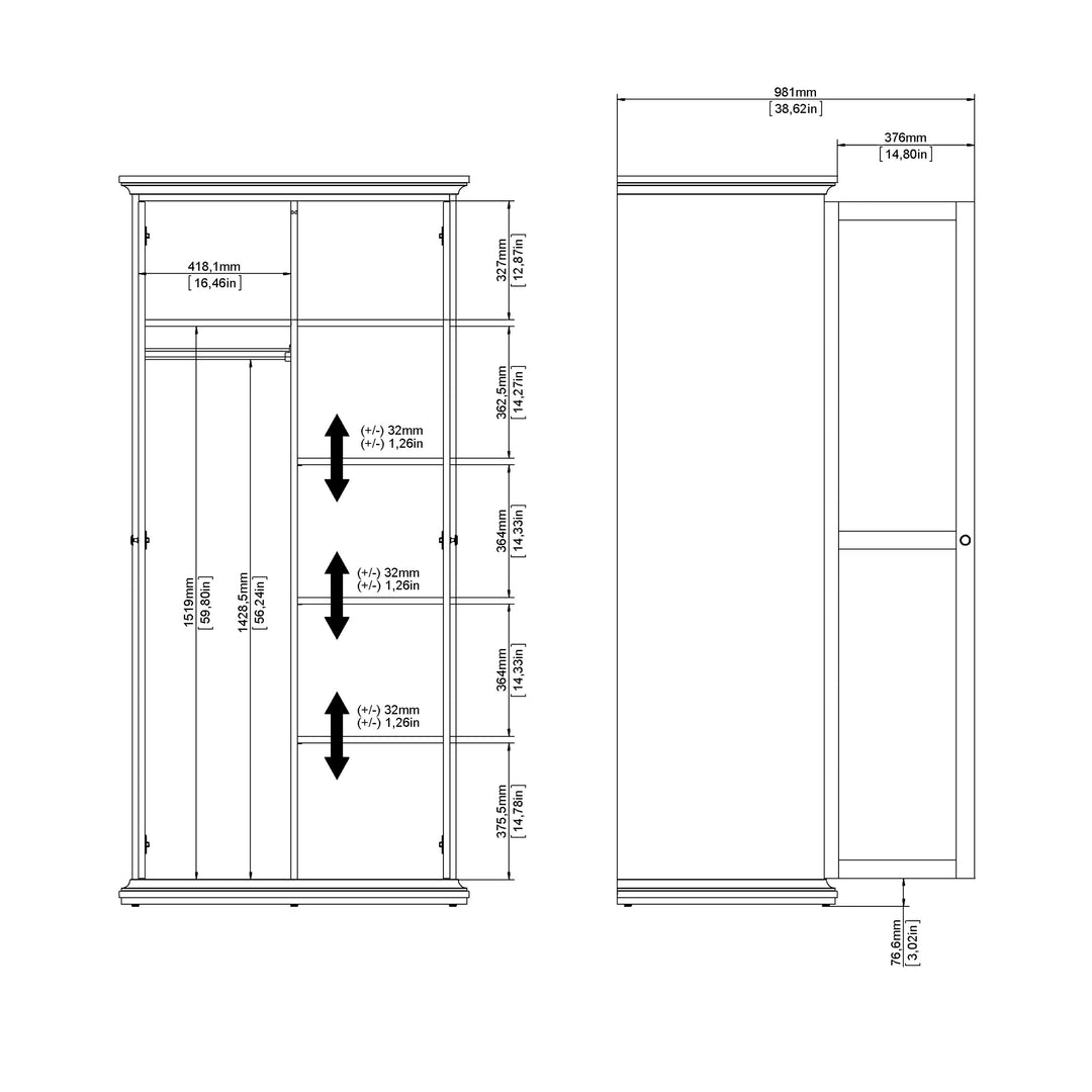 Paris Wardrobe with 2 Doors in White