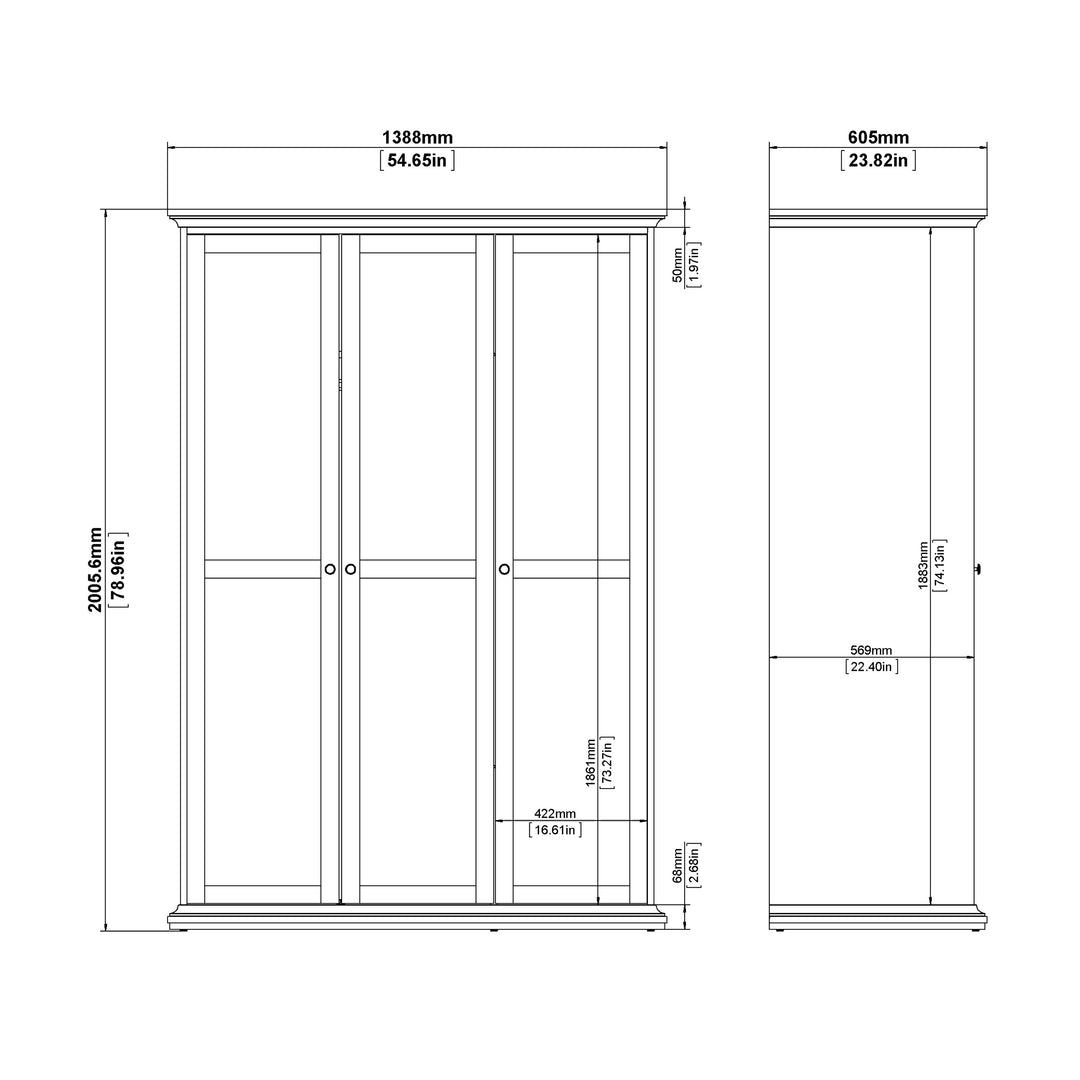 Paris Wardrobe with 3 Doors in Matt Grey