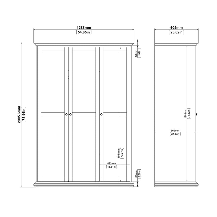 Paris Wardrobe with 3 Doors in Matt Grey