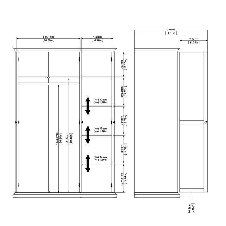 Paris Wardrobe with 3 Doors in Matt Grey