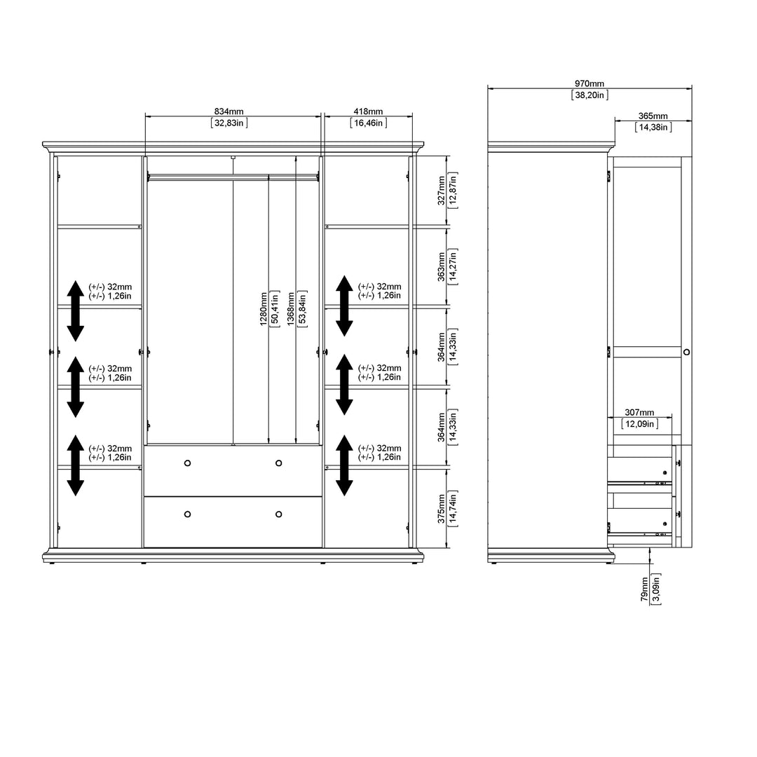 Paris Wardrobe with 4 Doors and 2 Drawers in Matt Grey