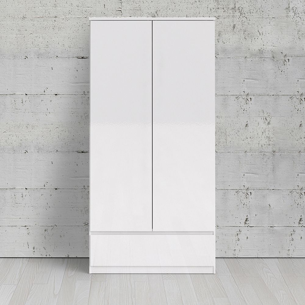 Naia Wardrobe with 2 doors + 1 drawer in White High Gloss