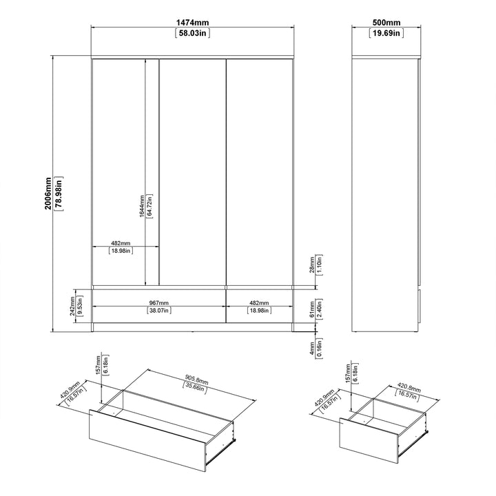 Naia Wardrobe with 3 doors + 2 drawers in White High Gloss