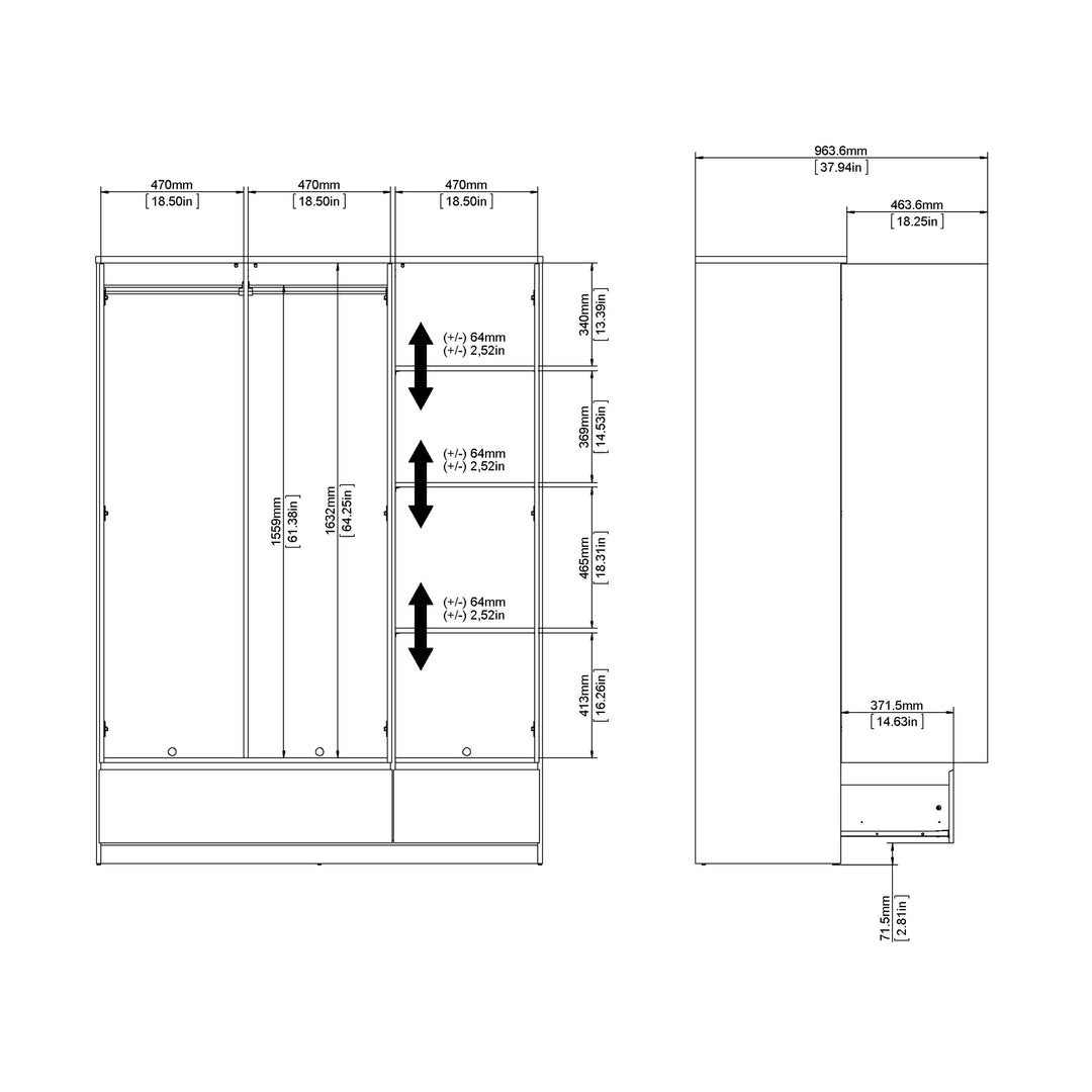 Naia Wardrobe with 3 doors + 2 drawers in White High Gloss