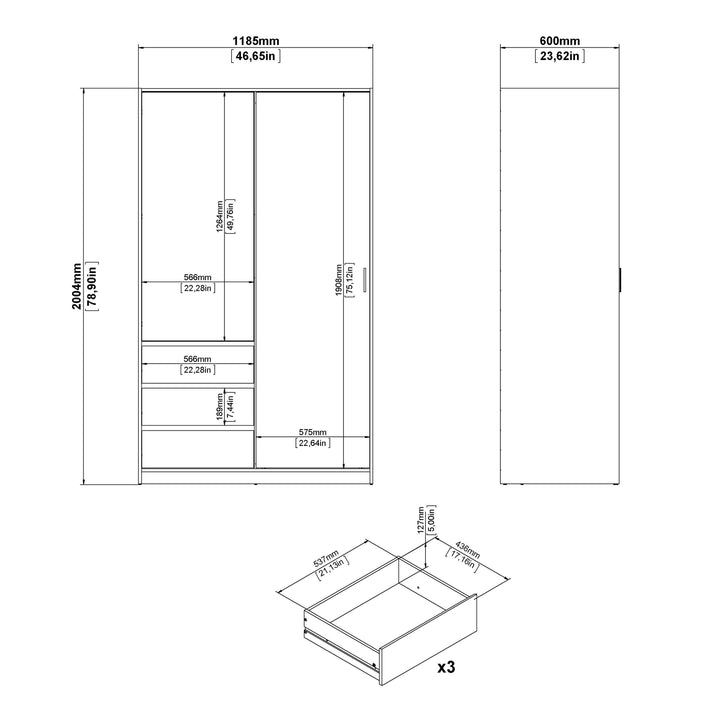 Naia Wardrobe with 1 Sliding door + 1 door + 3 drawers in White High Gloss