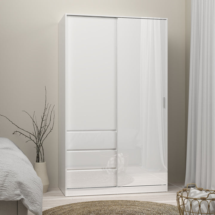 Naia Wardrobe with 1 Sliding door + 1 door + 3 drawers in White High Gloss