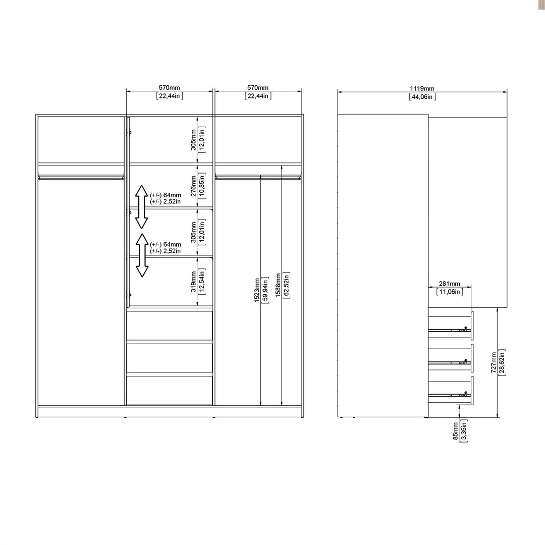 Naia Wardrobe with 2 sliding doors + 1 door + 3 drawers in Oak structure Jackson Hickory