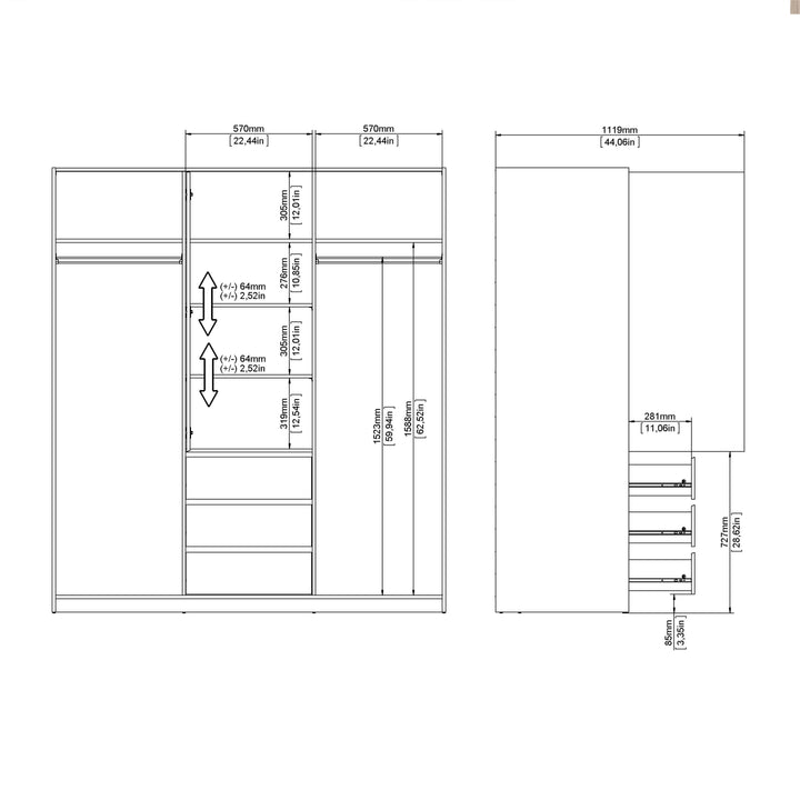 Naia Wardrobe with 2 sliding doors + 1 door + 3 drawers in Oak structure Jackson Hickory