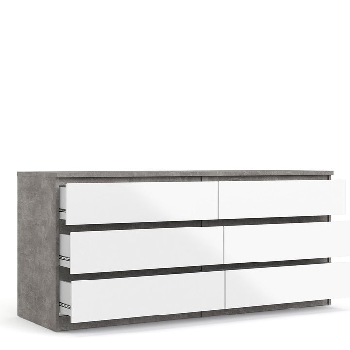 Naia Wide Chest of 6 Drawers (3+3) in Concrete and White High Gloss