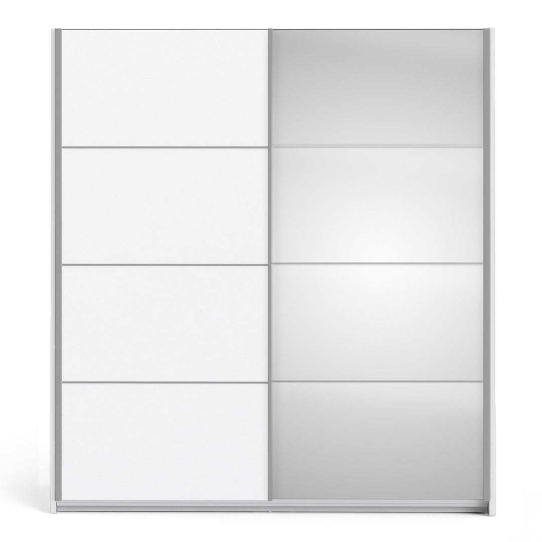 Verona Sliding Wardrobe 180cm in White with White and Mirror Doors with 2 Shelves