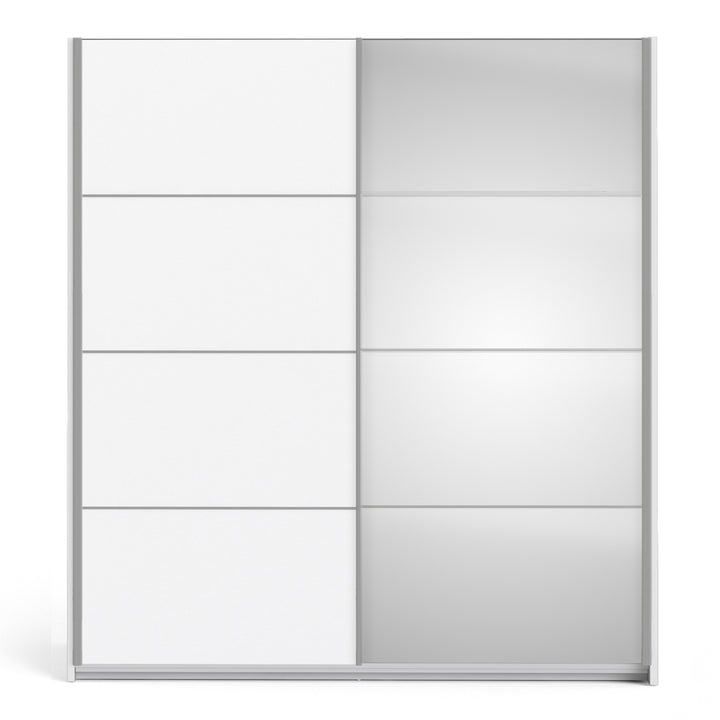 Verona Sliding Wardrobe 180cm in White with White and Mirror Doors with 2 Shelves