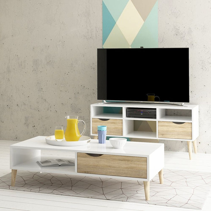 Oslo TV Unit - Wide - 2 Drawers 4 Shelves in White and Oak
