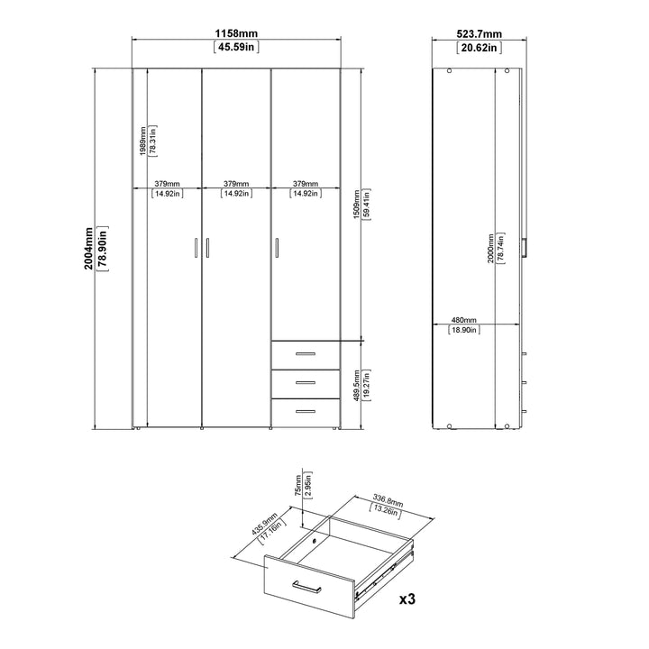 Space Wardrobe - 3 Doors 3 Drawers in White 2000