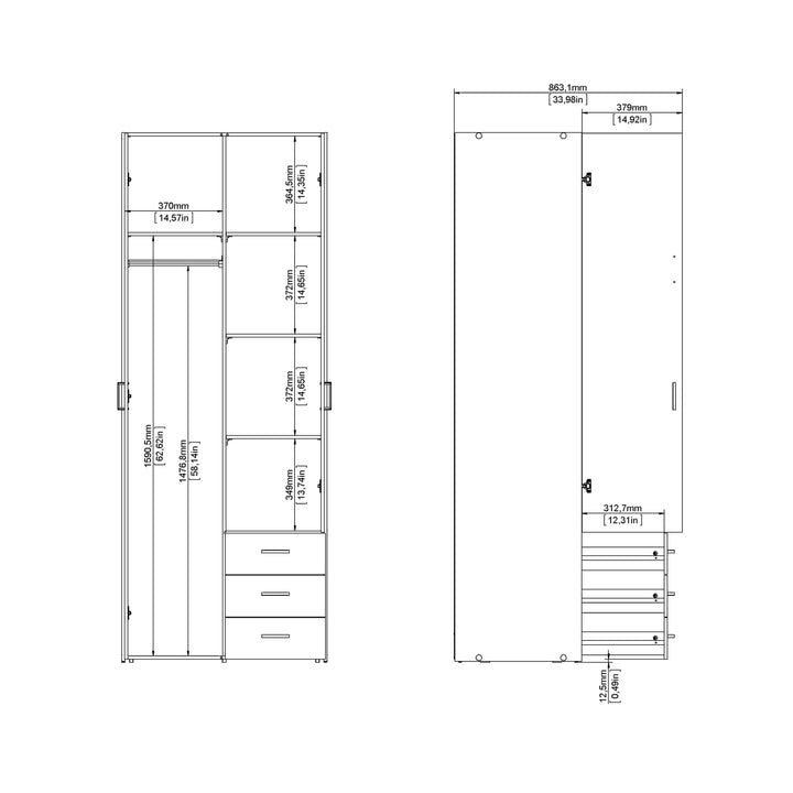 Space Wardrobe - 2 Doors 3 Drawers in White 2000