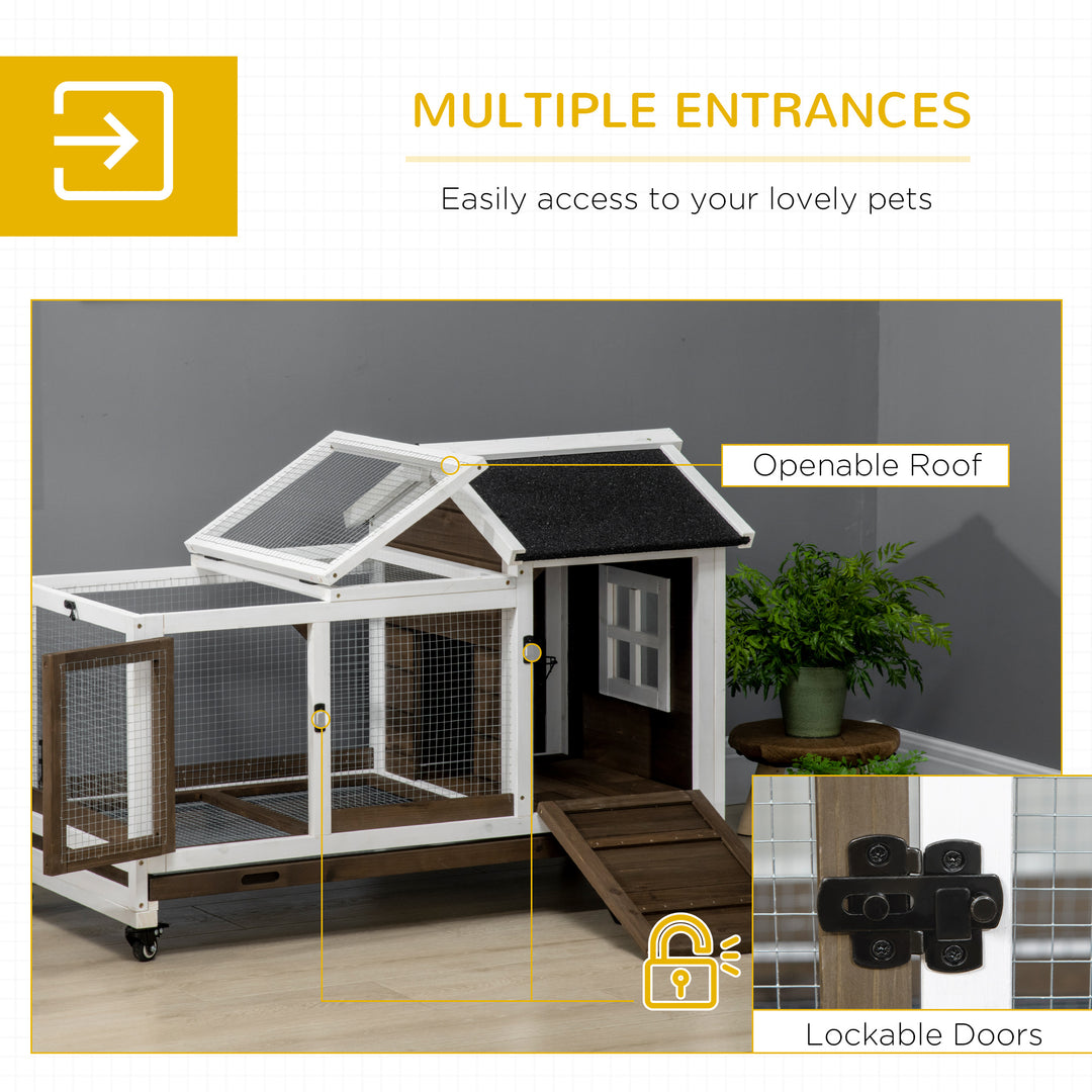 PawHut Wooden Rabbit Hutch with Wheels, Guinea Pig Cage, Small Animal House for with Slide-out Tray, 108 x 58 x 73.5cm, Coffee | Aosom UK