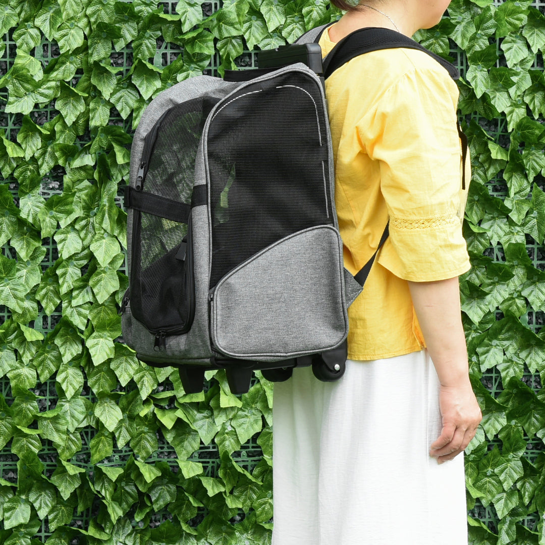 MCL Pet Travel Backpack Bag Cat Puppy Dog Carrier w/ Trolley and Telescopic Handle Portable Stroller Wheel Luggage Bag (Grey)