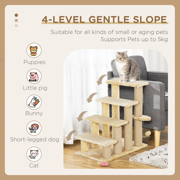 4-step Pet Stairs with Scratching Posts, Platforms, Toy Ball, Beige