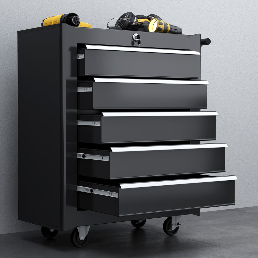 5-Drawer Tool Chest with Wheels, Steel Lockable Tool Storage Cabinet with Handle, 2 Keys for Garage, Workshop, Black