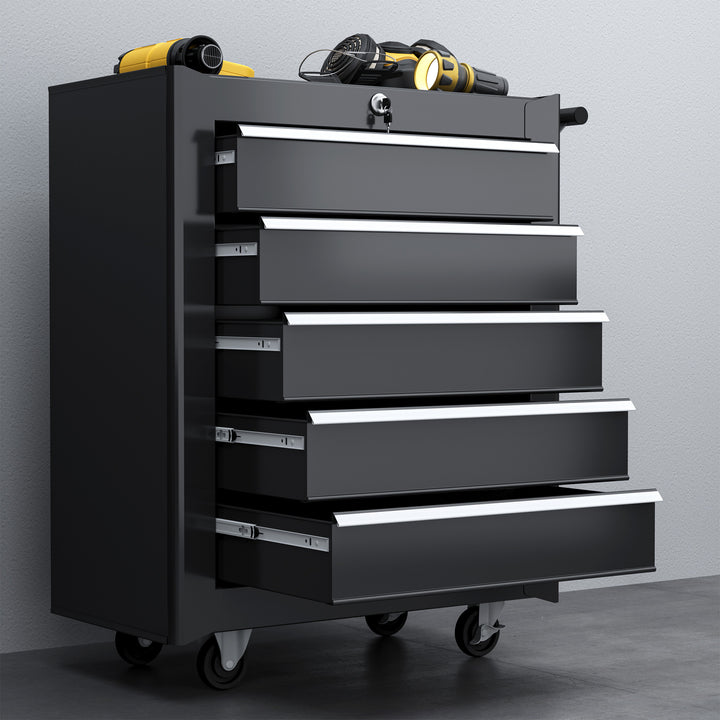 5-Drawer Tool Chest with Wheels, Steel Lockable Tool Storage Cabinet with Handle, 2 Keys for Garage, Workshop, Black
