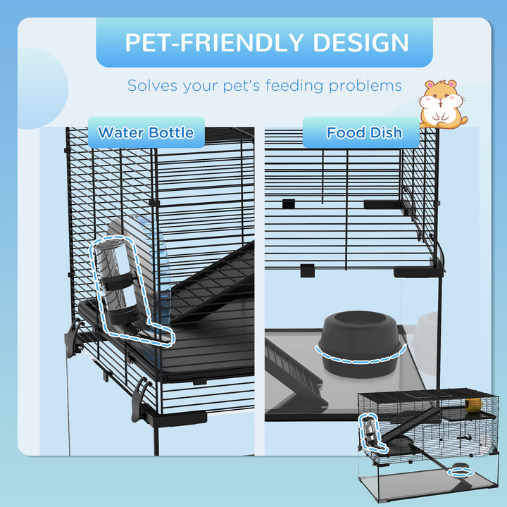 PawHut 3 Tiers Hamster Cage, Gerbil Cage with Deep Glass Bottom, Non-Slip Ramps, Platforms, Hut Exercise Wheels Water Bottle for Syrian Dwarf Hamster