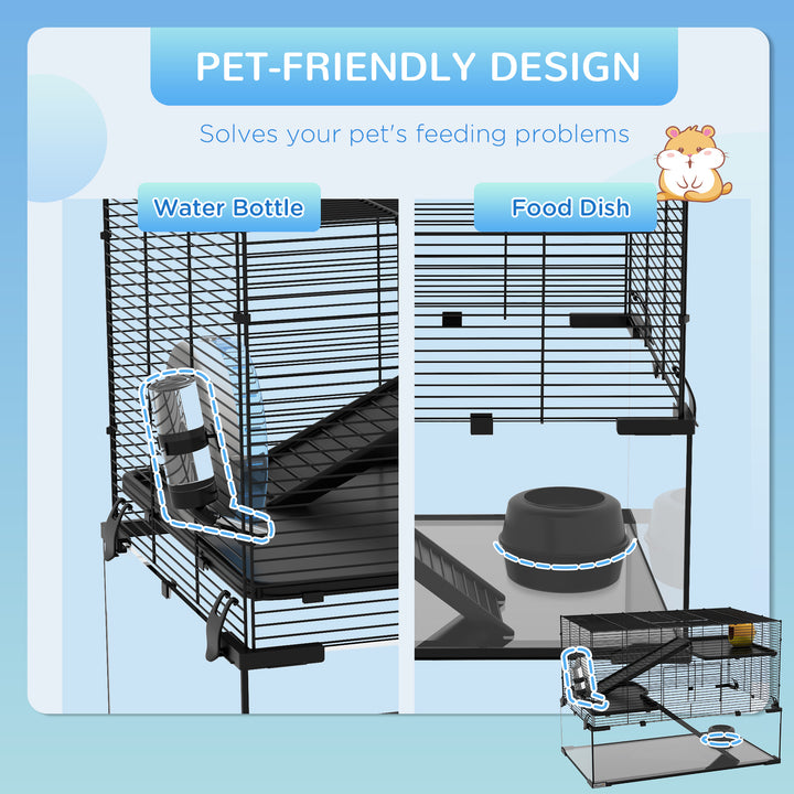 PawHut 3 Tiers Hamster Cage, Gerbil Cage with Deep Glass Bottom, Non