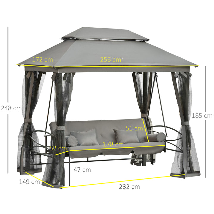3 Seater Swing Chair 3-in-1 Convertible Garden Swing Seat Bed Gazebo Patio Bench Outdoor with Double Tier Canopy, Cushioned Seat, Mesh Sidewalls, Grey